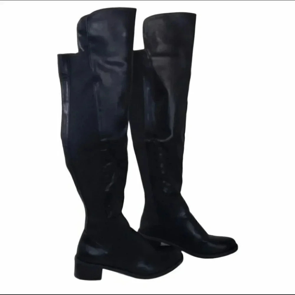 Mi.im Scarlet-01 Over the Knee Boots 6.5 Black Vegan Leather Low Block Heel OTK